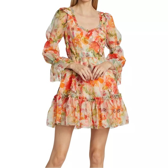 Abstract Floral Printed Chiffon Mini Dress - Melon - SIZE 8 - Picture 1 of 13